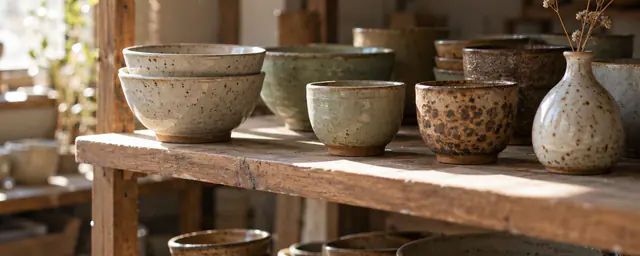 Stoneware bowls and cups on a sunlit studio shelf