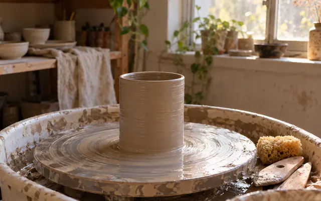 A freshly thrown cylinder on a potter's wheel