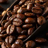 Freshly roasted coffee beans in a scoop