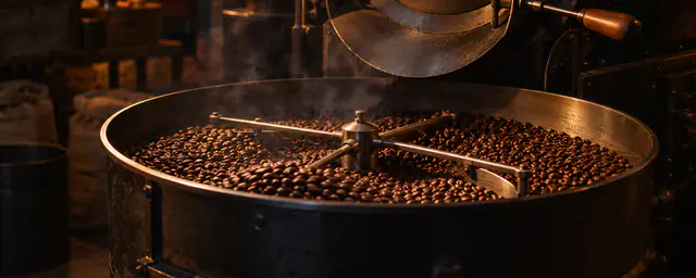 A drum roaster cooling a batch of beans in a dim roastery